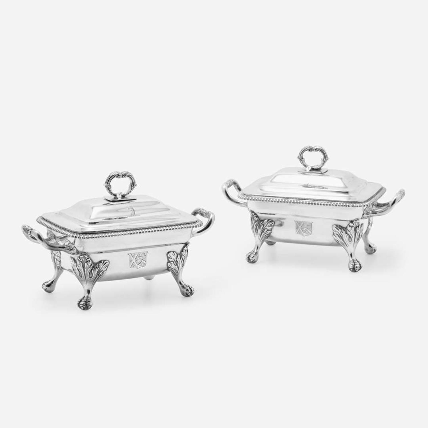 A Pair of George III Sterling Silver Armorial Sauce Tureens with Covers William Stroud, London, 1811