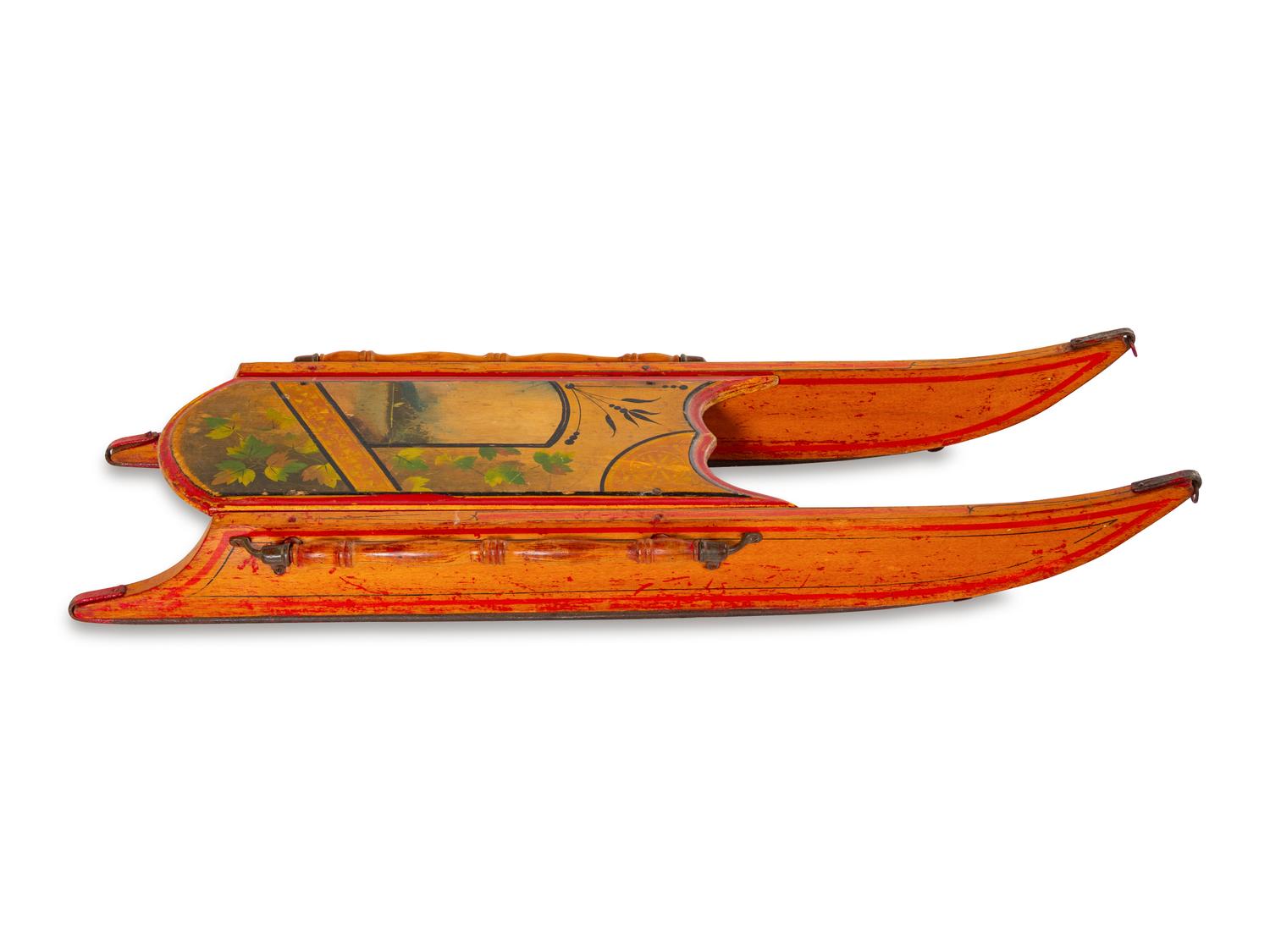 A Painted and Wrought-Iron Mounted Wood Sled