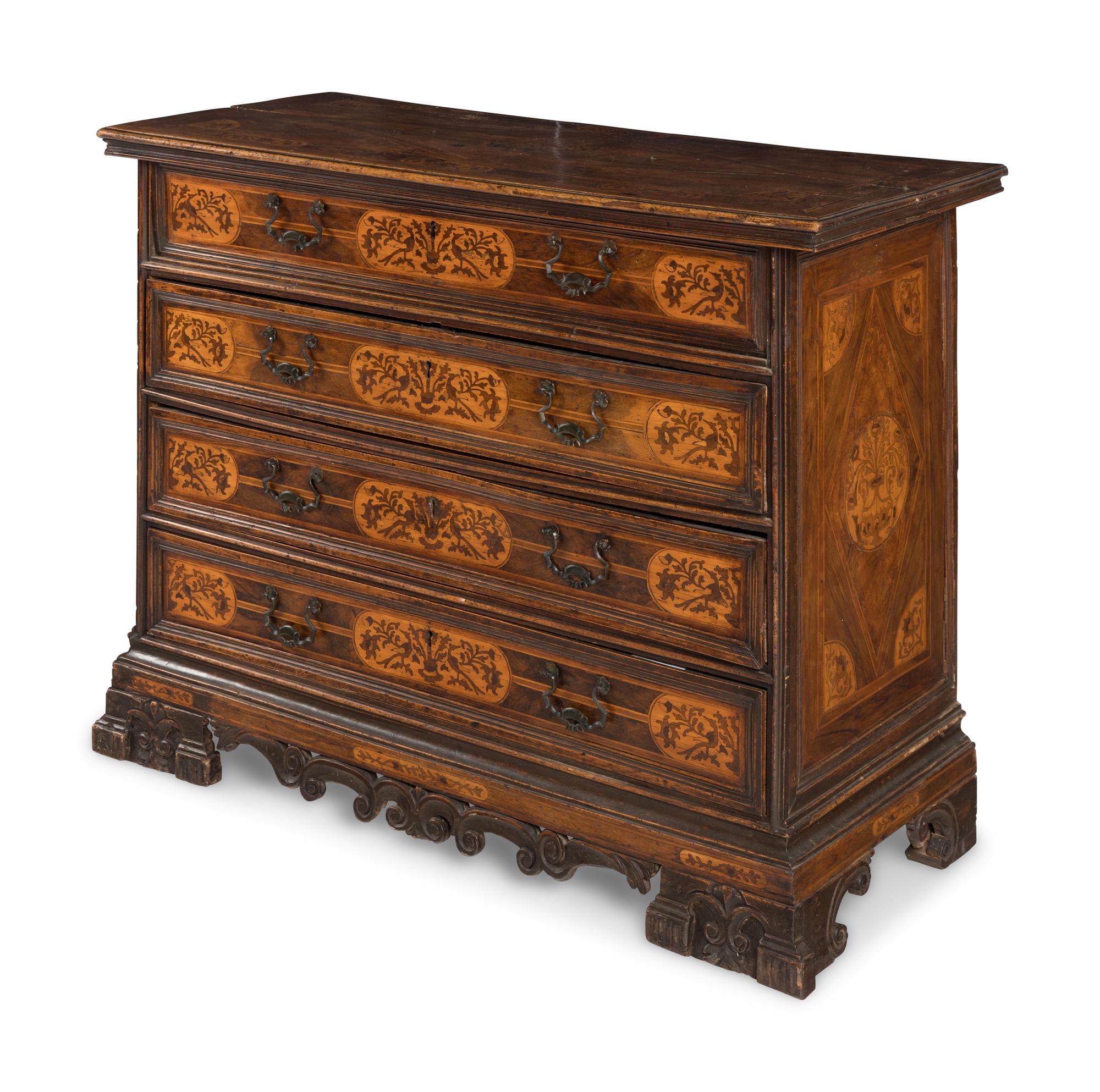 An Italian Baroque Marquetry and Walnut Bureau Chest