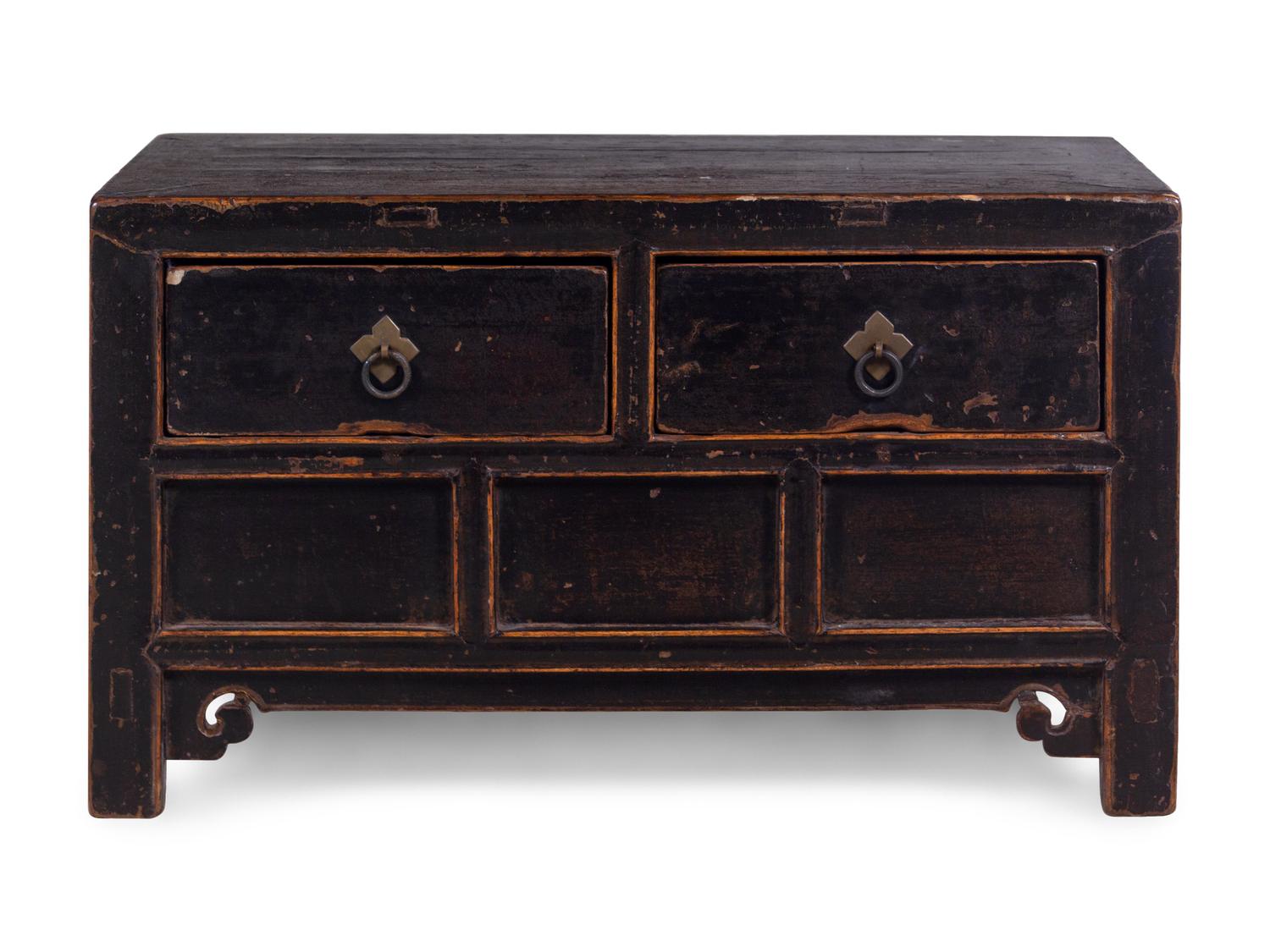 A Chinese Black Painted Wood Two-Drawer Low Chest