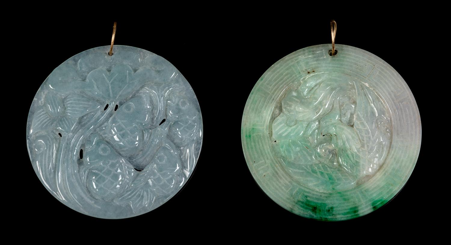 Two Chinese Apple Green and Celadon Jadeite Circular Pendants
