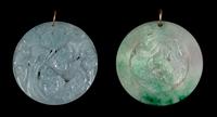 Two Chinese Apple Green and Celadon Jadeite Circular Pendants