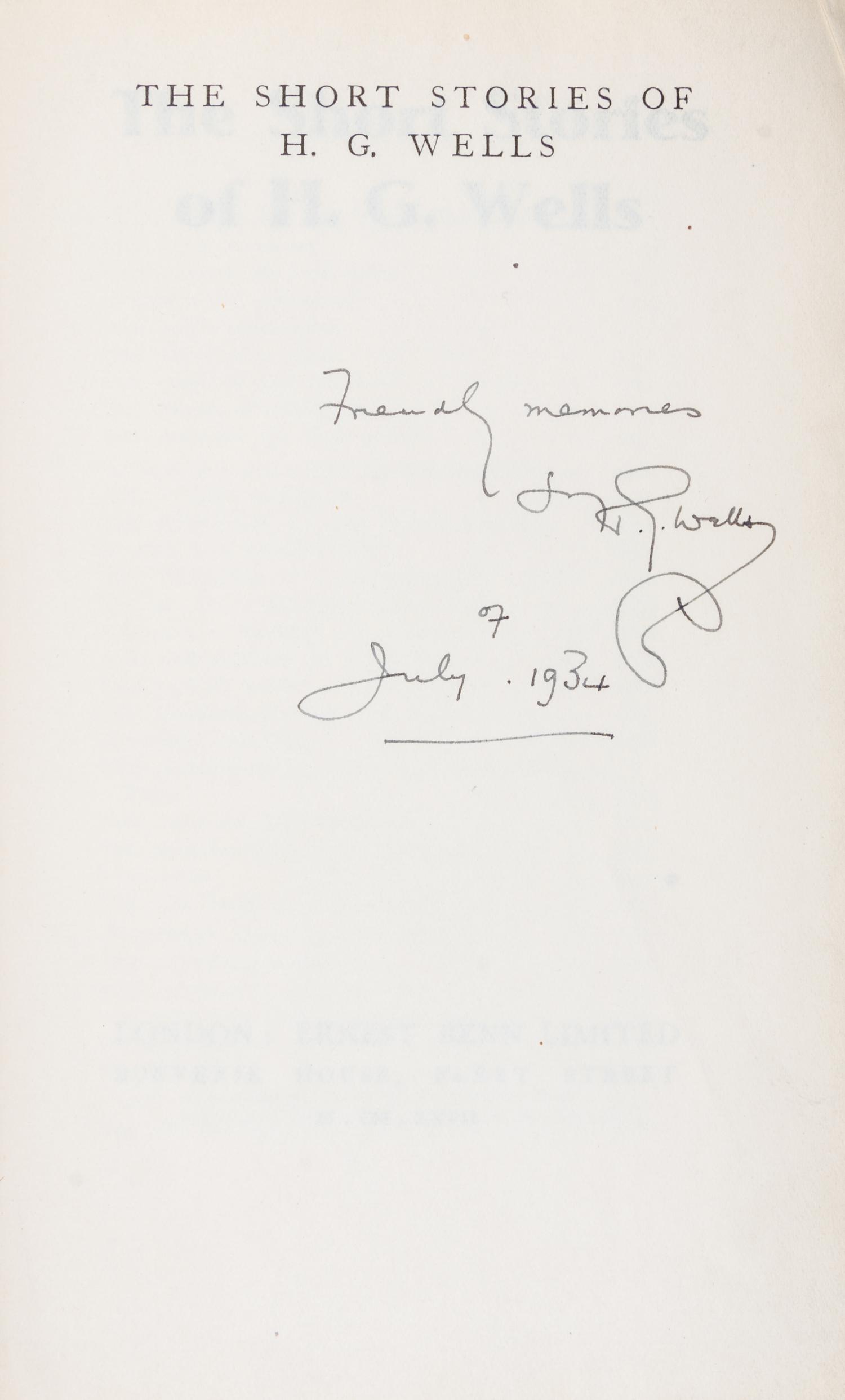 WELLS, H. G. The Short Stories. London, 1927. First edition, signed.