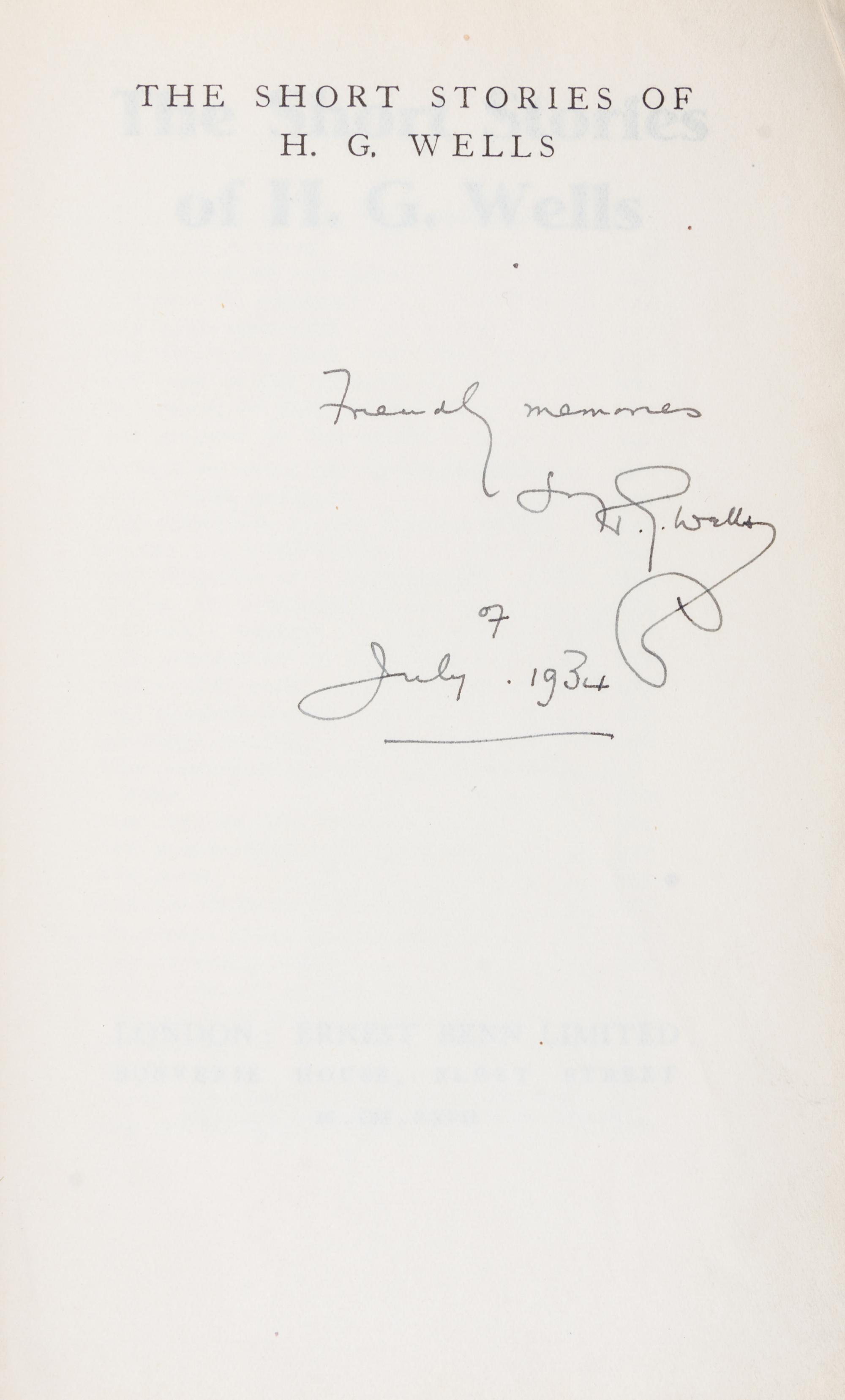 WELLS, H. G. The Short Stories. London, 1927. First edition, signed.