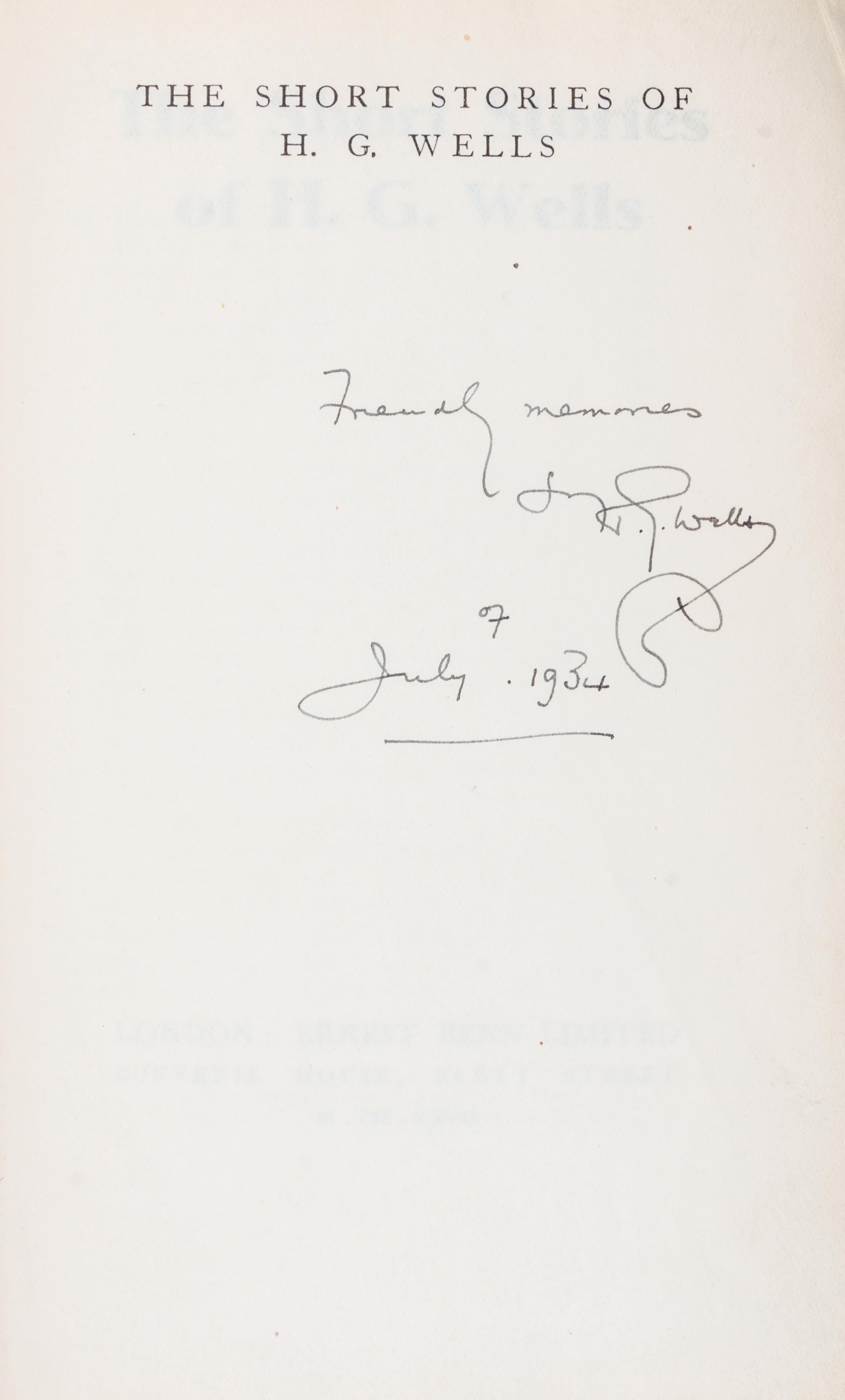 WELLS, H. G. The Short Stories. London, 1927. First edition, signed.