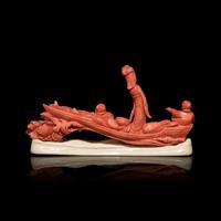 A Chinese Red Coral Carving of a Lady and Two Boys, 19th Century 清晚期 珊瑚雕仙女童子汎舟擺件
