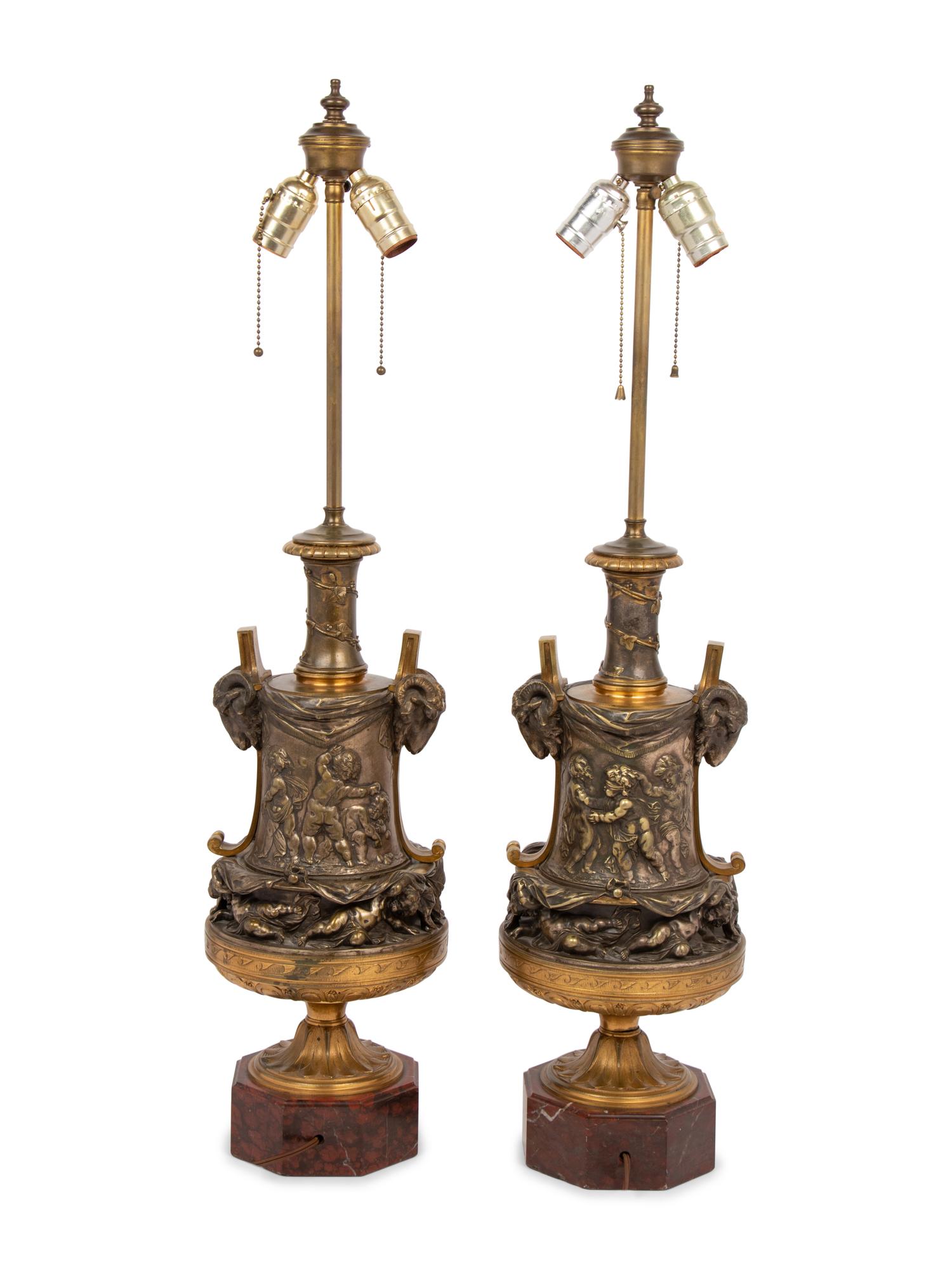 A Pair of French Gilt and Silvered Bronze and Marble Urns Mounted as Lamps with Shades