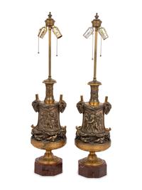 A Pair of French Gilt and Silvered Bronze and Marble Urns Mounted as Lamps with Shades