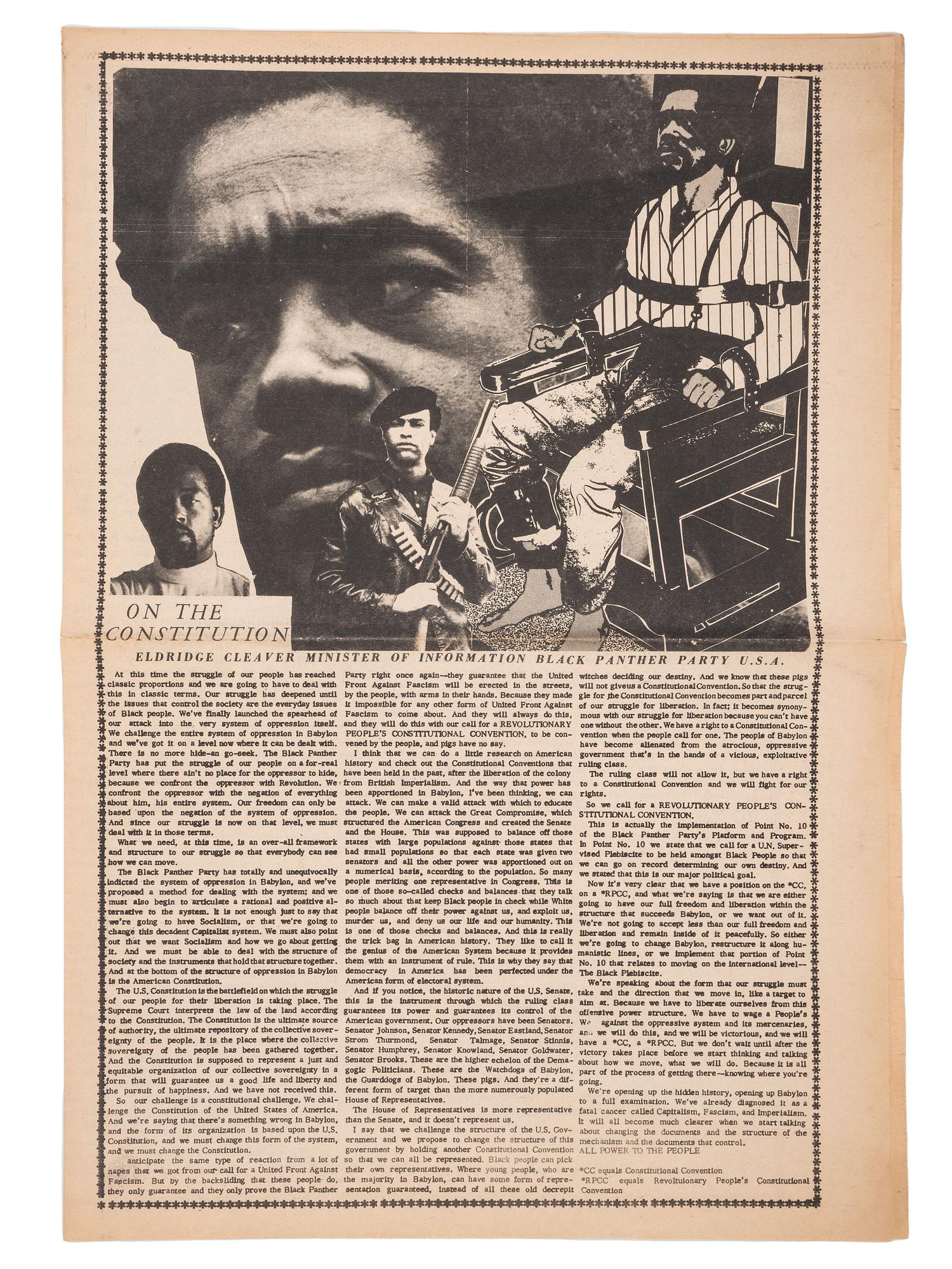 [BLACK PANTHER PARTY]. Tabloid sheet containing manifestos by Eldridge Cleaver and Huey P. Newton. Oakland, CA: Black Panther Party, 1970.