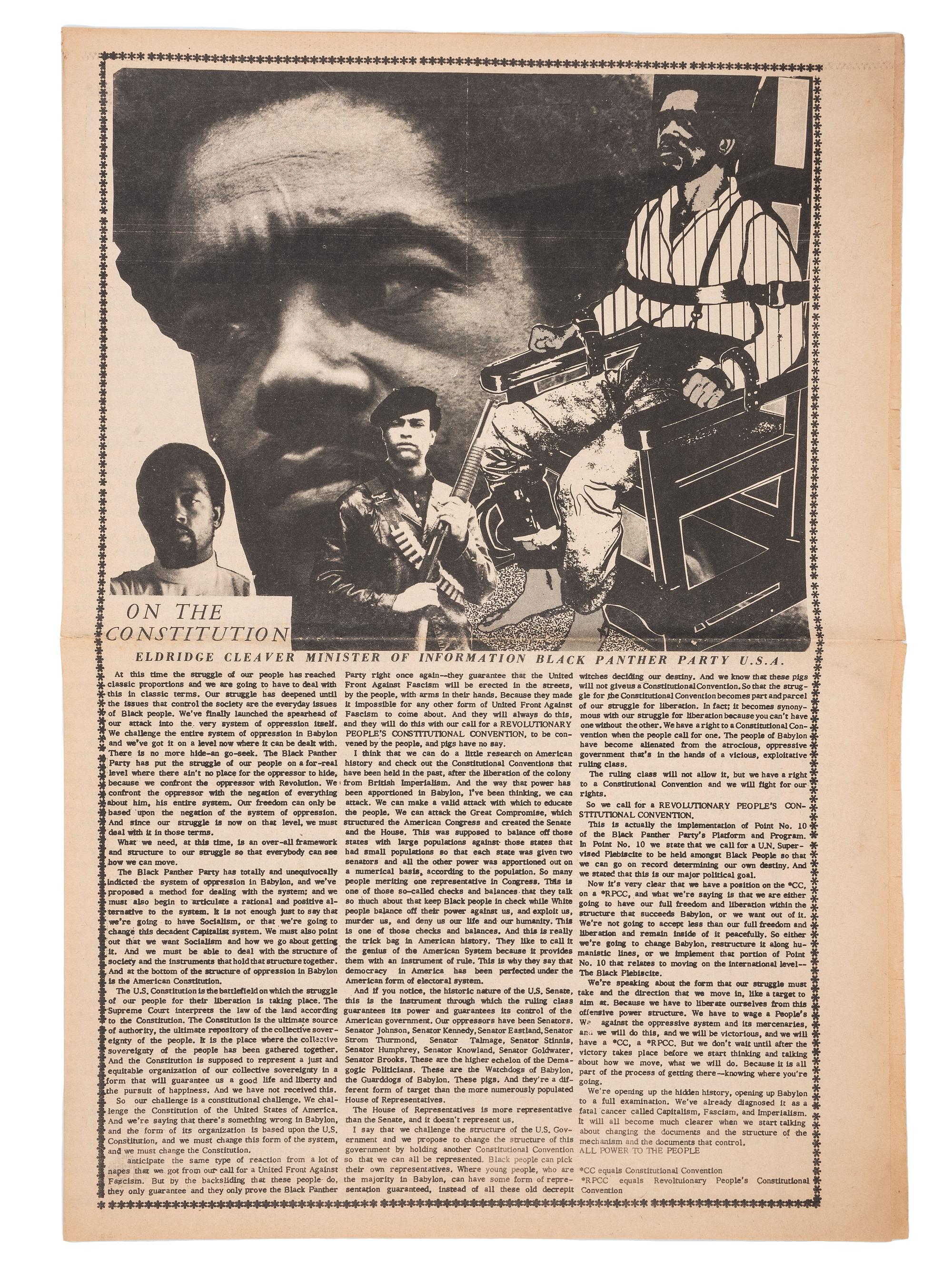 [BLACK PANTHER PARTY]. Tabloid sheet containing manifestos by Eldridge Cleaver and Huey P. Newton. Oakland, CA: Black Panther Party, 1970.
