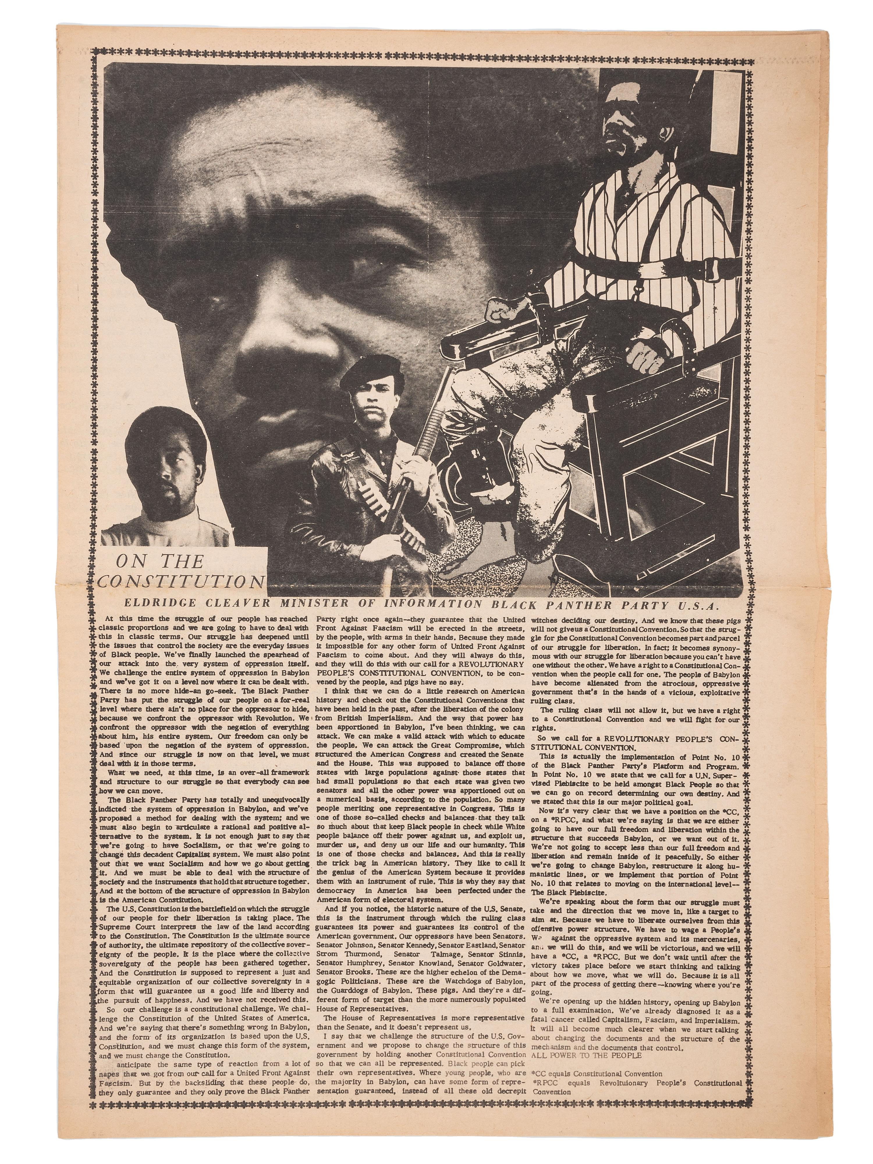 [BLACK PANTHER PARTY]. Tabloid sheet containing manifestos by Eldridge Cleaver and Huey P. Newton. Oakland, CA: Black Panther Party, 1970.