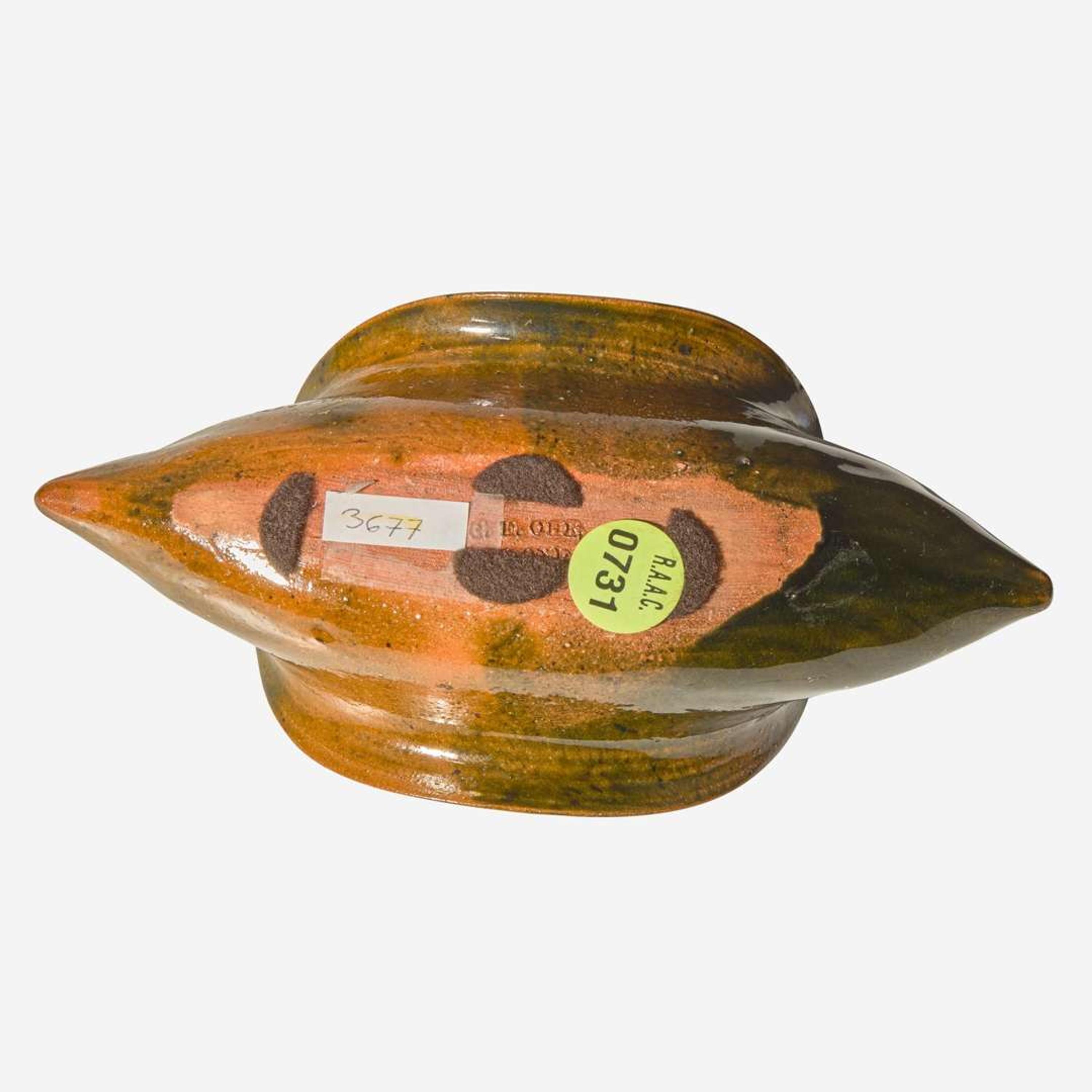 George Ohr (American, 1857-1918) Boat-Shaped Vessel in Olive Glaze, Biloxi, Mississippi, USA, circa 1895-1896