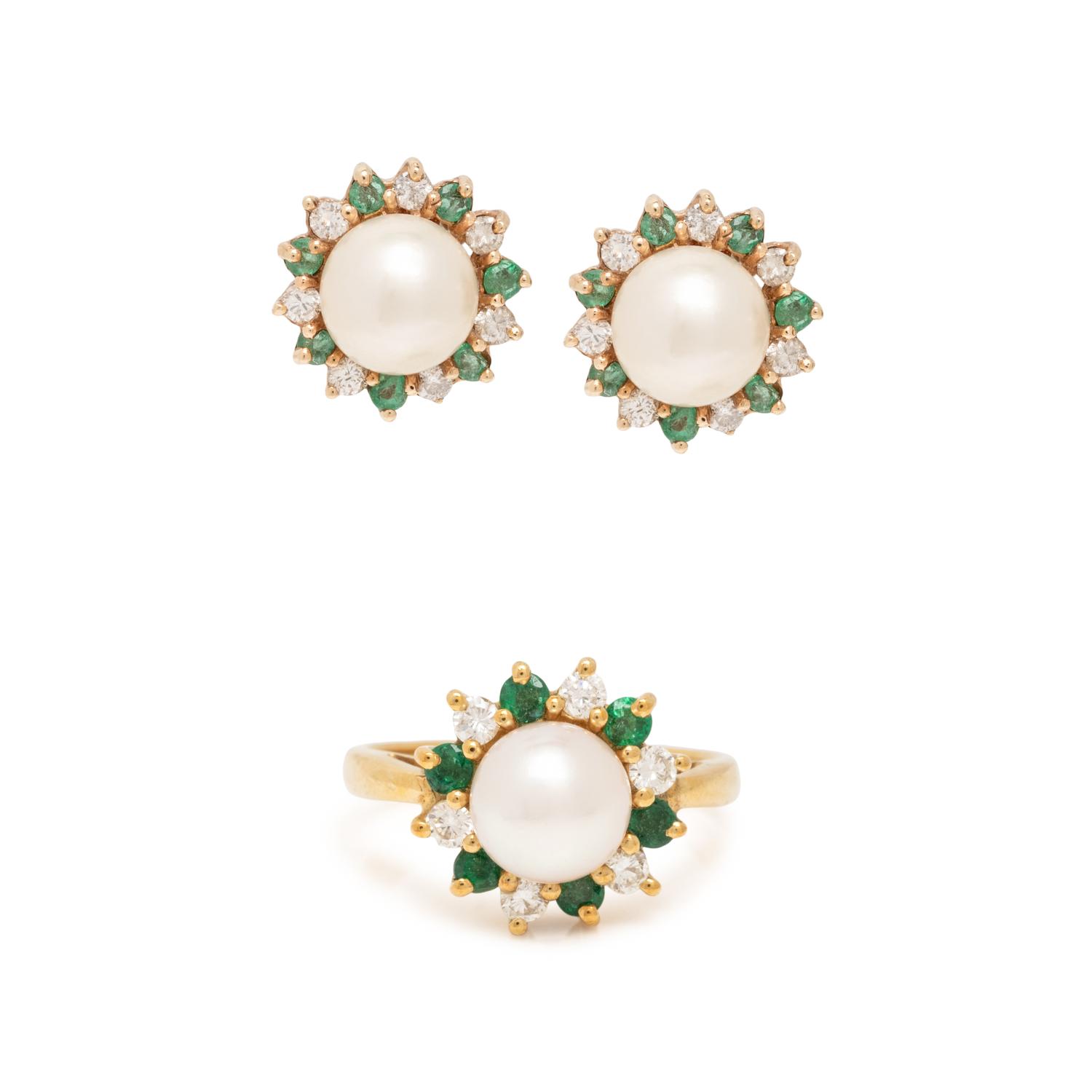 CULTURED PEARL, EMERALD, AND DIAMOND CLIP EARRINGS AND RING