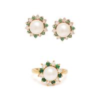 CULTURED PEARL, EMERALD, AND DIAMOND CLIP EARRINGS AND RING