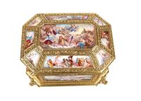 A Continental Gilt Metal and Painted Enamel Hexagonal Casket Height 8 3/4 x width 13 1/4 x 10 inches. — 19TH CENTURY