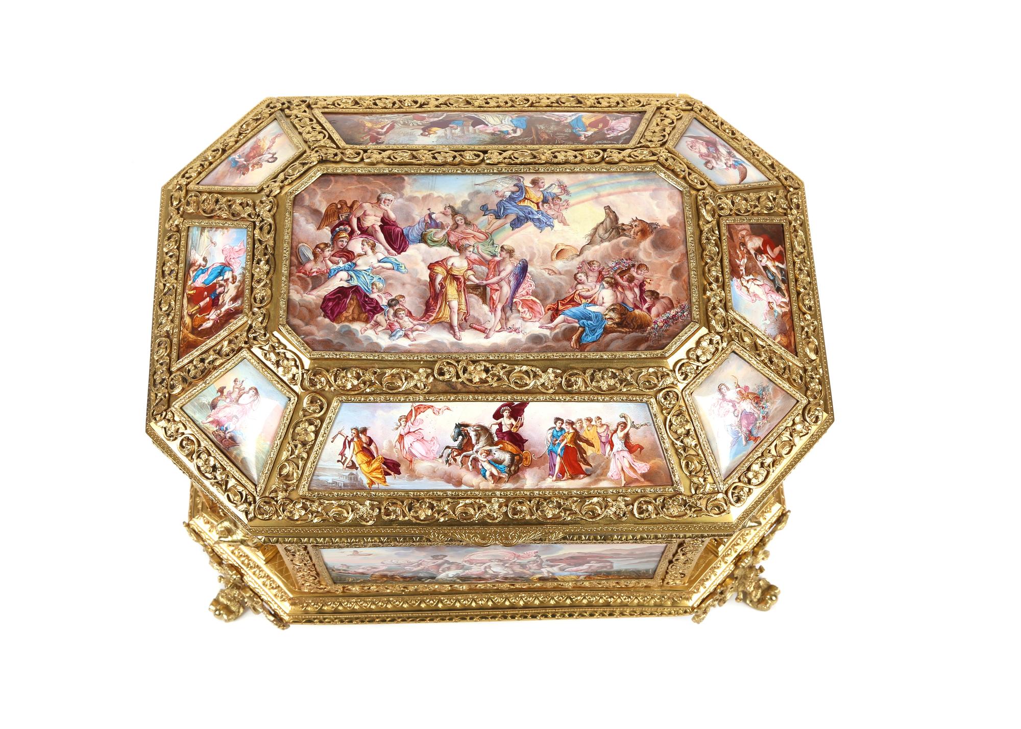 A Continental Gilt Metal and Painted Enamel Hexagonal Casket Height 8 3/4 x width 13 1/4 x 10 inches. — 19TH CENTURY