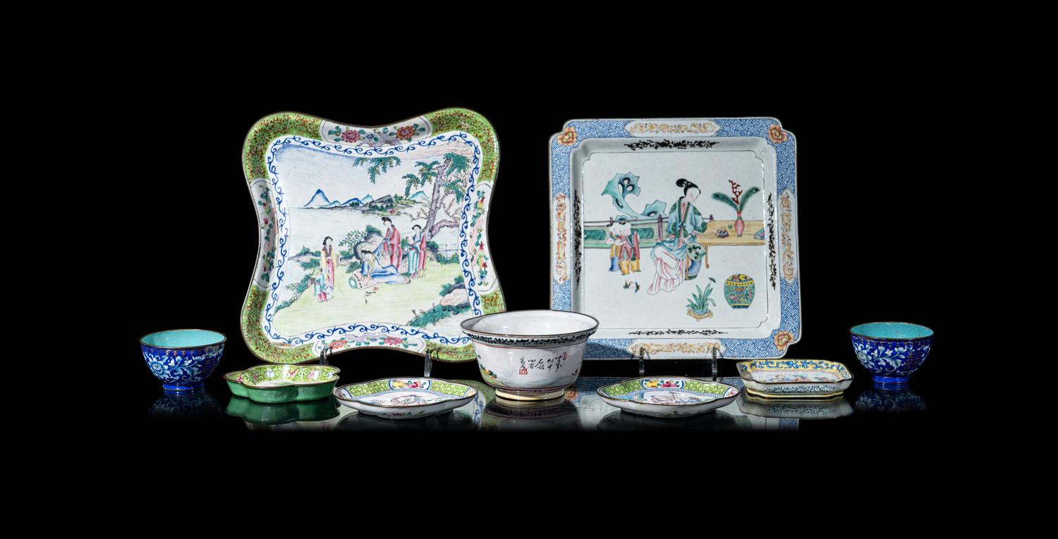 Nine Chinese Canton Enamel on Copper Wares