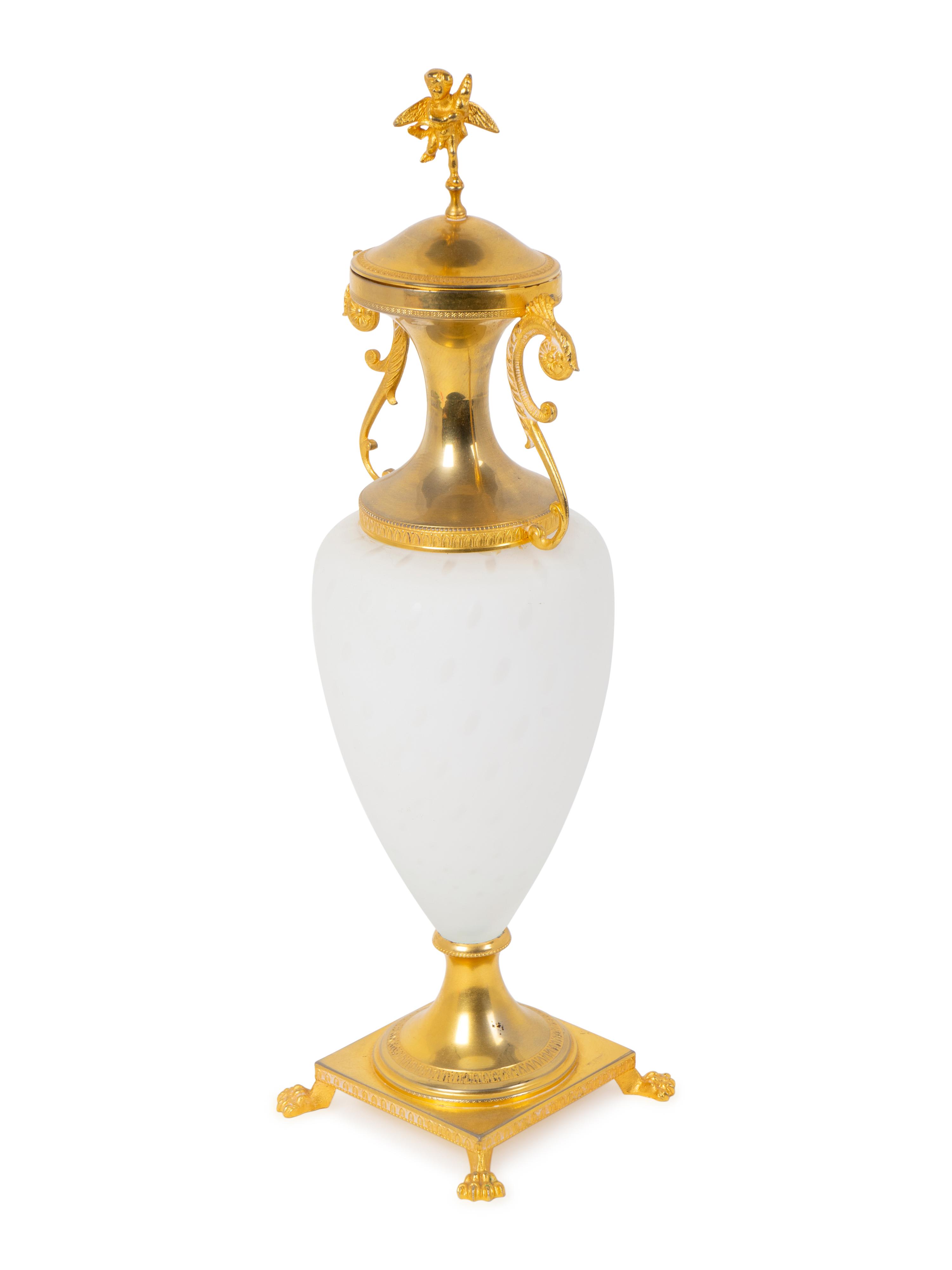 A Gilt Bronze Mounted Frosted Glass Urn