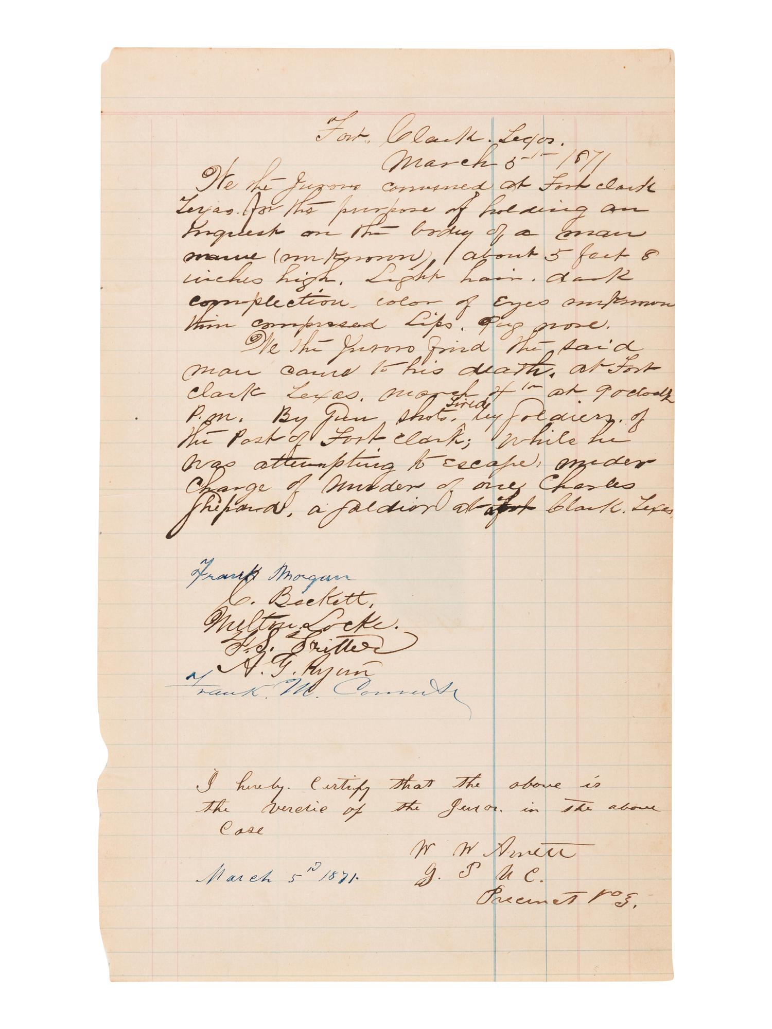 [TEXAS - CRIME]. Manuscript document signed by the jurors and certified by Justice of the Peace W.W. Arnett. Fort Clark, Texas, 5 March 1871.