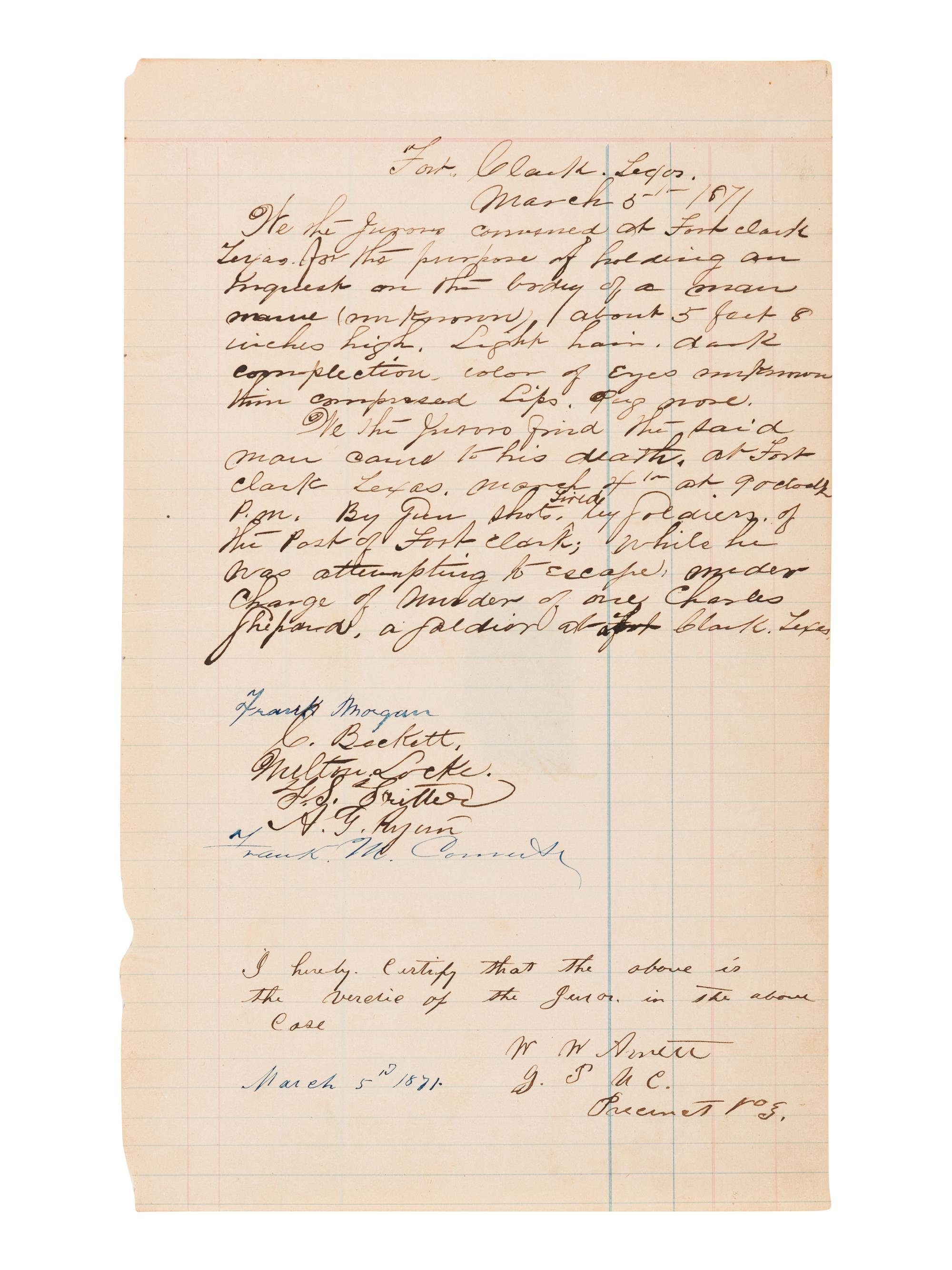 [TEXAS - CRIME]. Manuscript document signed by the jurors and certified by Justice of the Peace W.W. Arnett. Fort Clark, Texas, 5 March 1871.