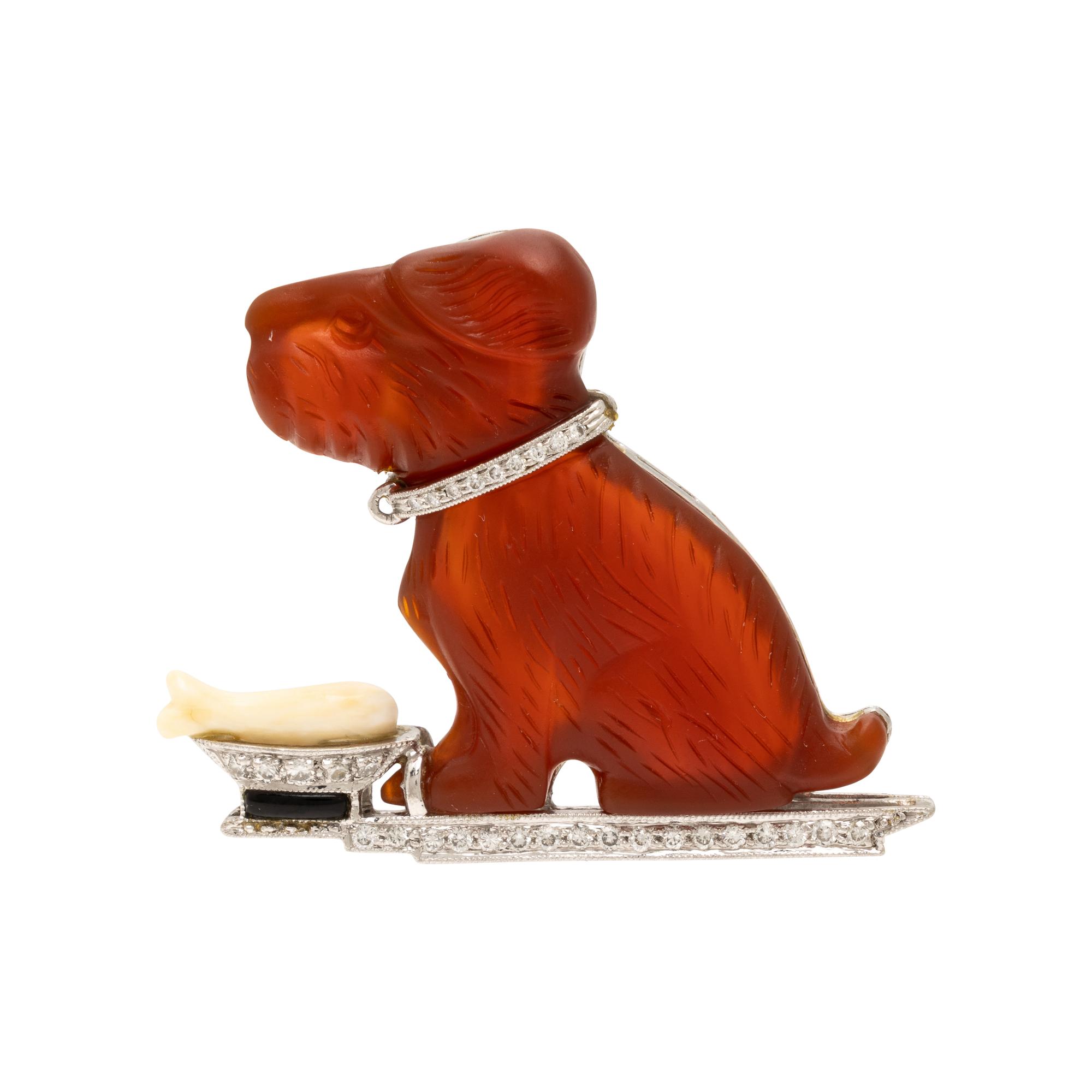 Cartier, Carnelian, Diamond, Onyx, and Platinum Dog Brooch
