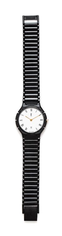 An Yves Saint Black Quartz Wristwatch, 7" L x .5" W; Face: 1" diameter.