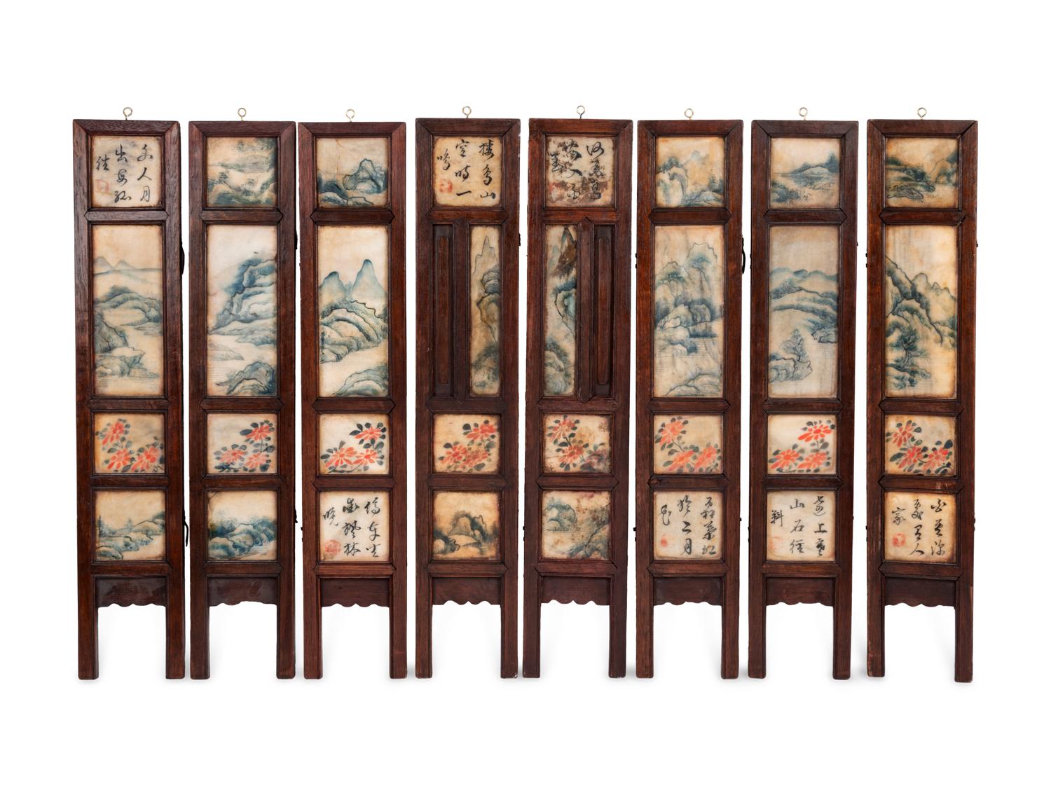 A Chinese Painted and Hardstone Inset Wood Eight-Panel Table Screen