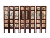 A Chinese Painted and Hardstone Inset Wood Eight-Panel Table Screen