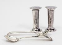 A Pair of Swid Powell Silver-plate Casters, , together with two Georg Jensen silver baby spoons.