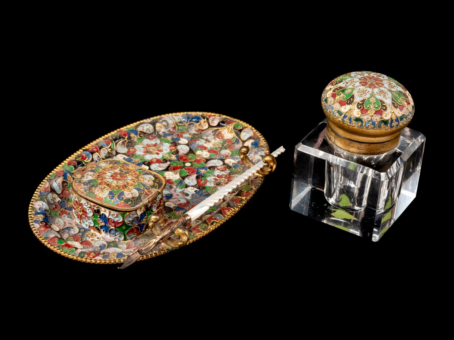 A Continental Gilt Metal and Champleve Enameled Standish