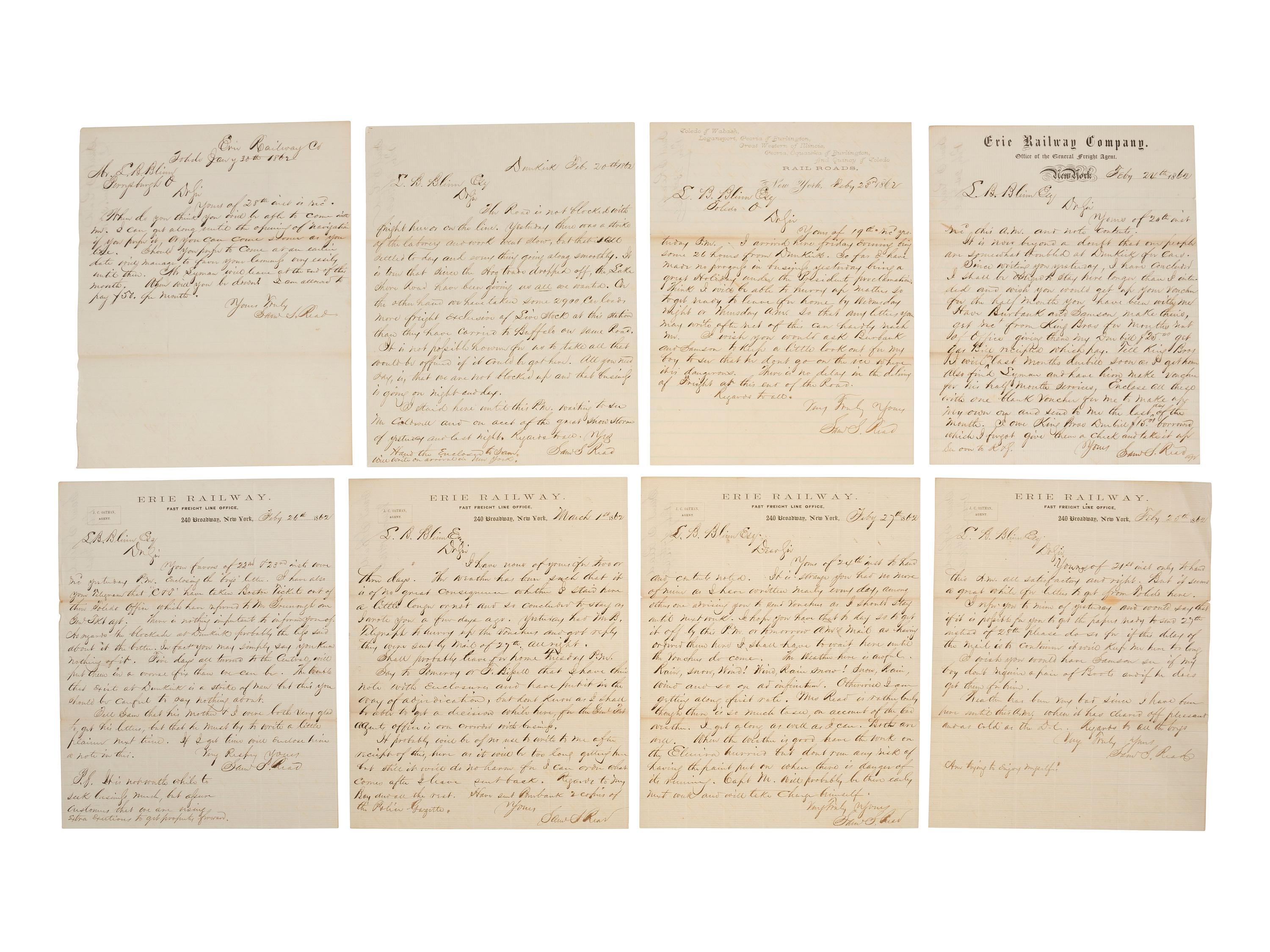 [TRANSPORTATION - RAILROAD]. Archive identified to Leonard B. Blinn, incl. several letters referencing the 1862 Erie Railroad strike.