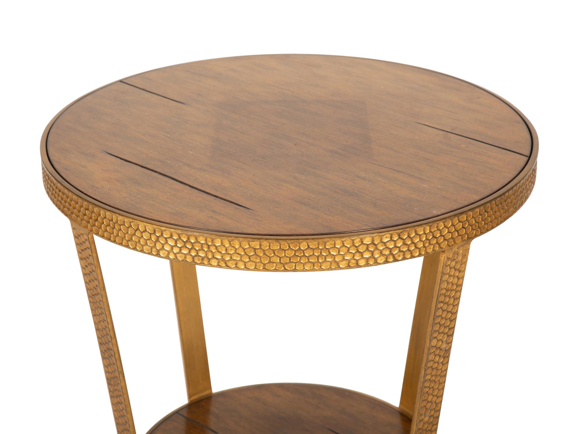 A Modern Textured Gilt Bronze Two Tier Table with Inset Wood Top and Shelf — 20th Century