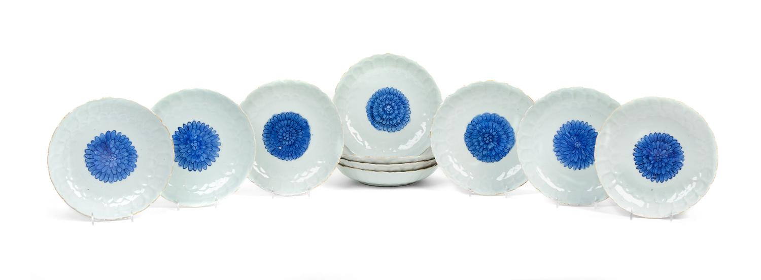 Ten Chinese Export Celadon Ground Underglaze Blue Porcelain Chrysanthemum Plates Diameter of each 8 3/8 inches. — MING DYNASTY (1368-1644)
