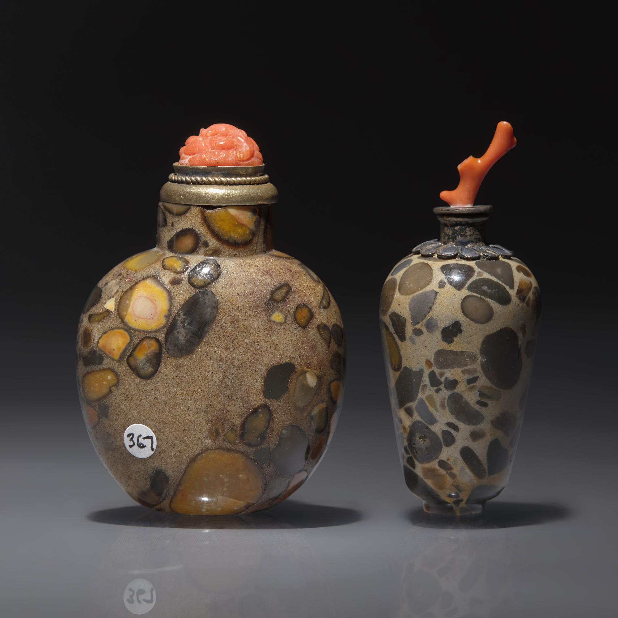 Two Chinese Puddingstone Snuff Bottles, Qing Dynasty, Circa 1750-1860 — 1750-1860年 抱子石鼻煙壺兩支