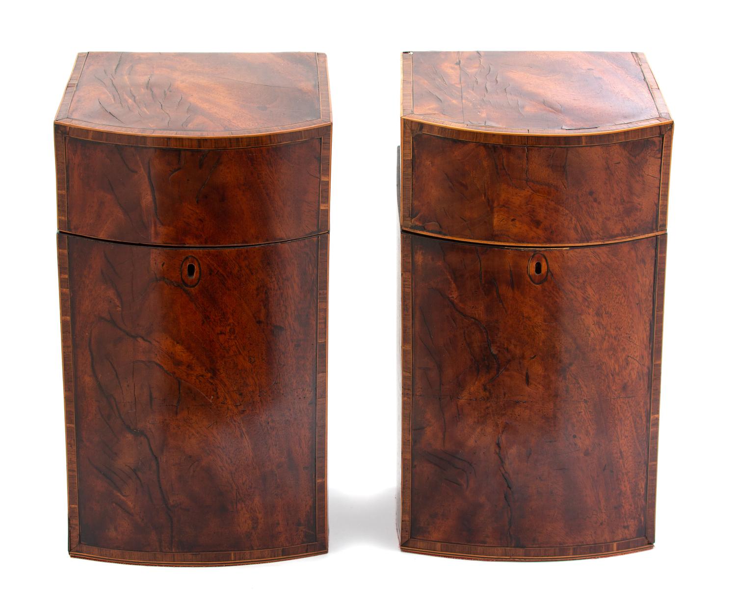 A Pair of Regency Inlaid Burl Walnut Knife Boxes Height 15 1/8 inches. — 19TH CENTURY