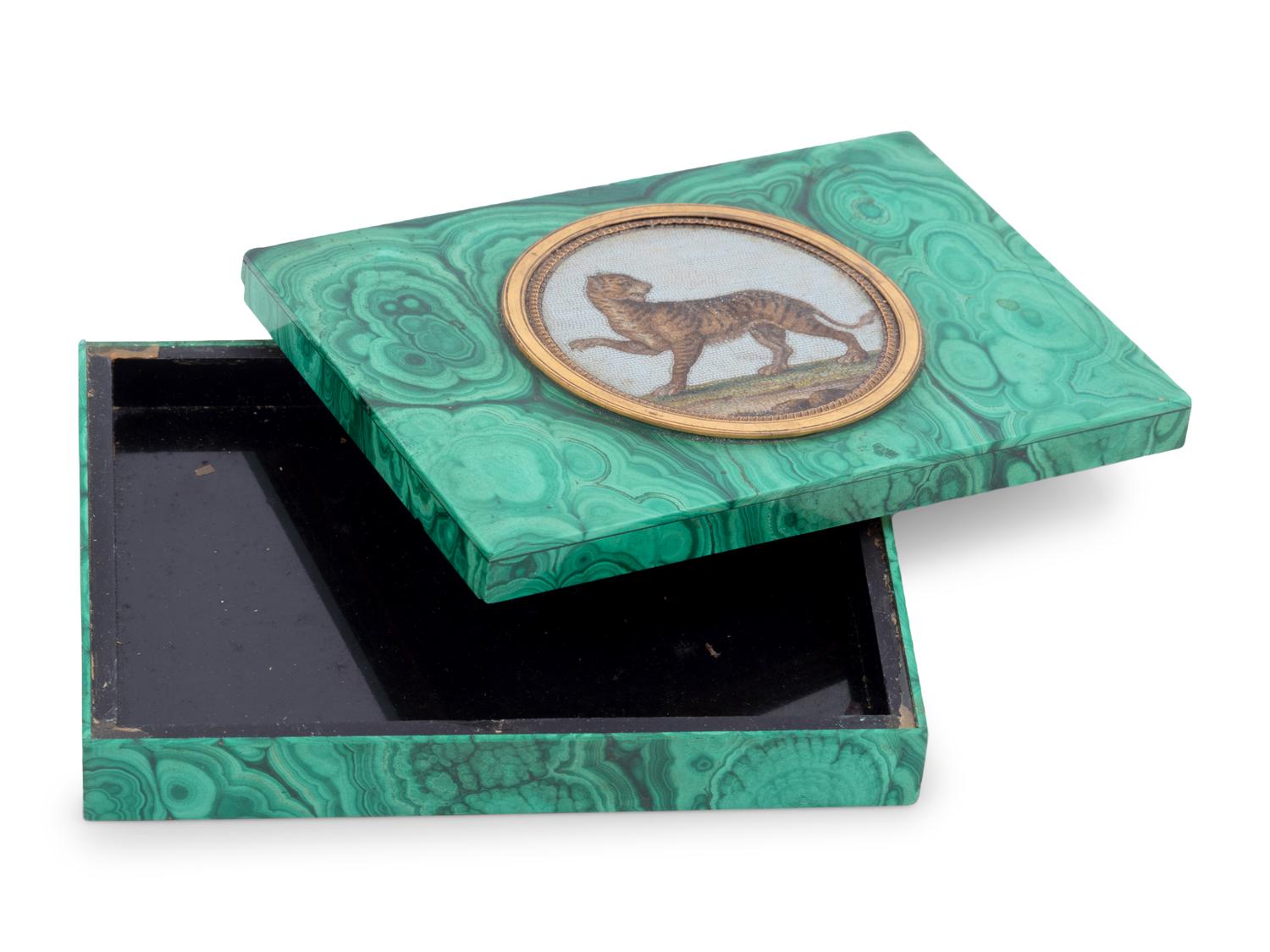 An Italian Micromosaic Tiger Plaque Set in a Malachite Box