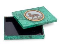 An Italian Micromosaic Tiger Plaque Set in a Malachite Box