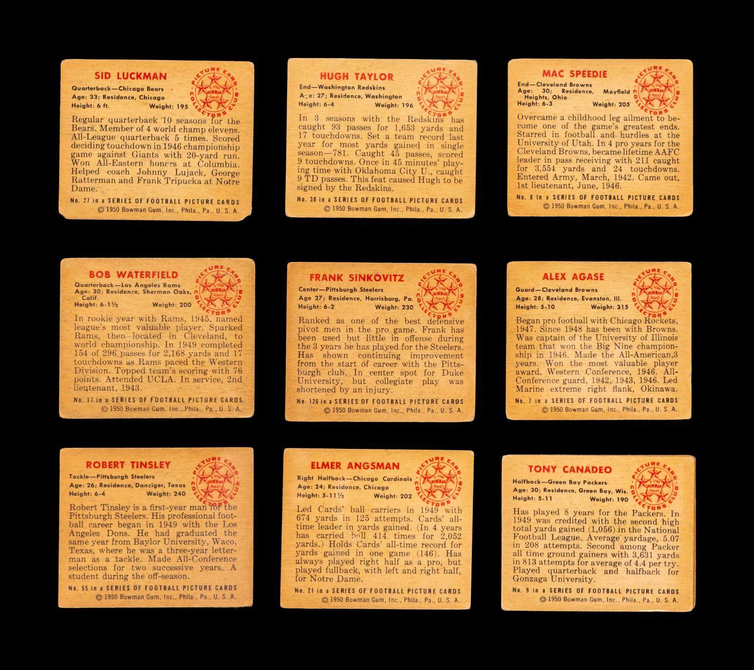 A Group of 31 Bowman and Leaf Post War Football Cards (Including Sid Luckman, Bob Waterfield and Clyde Bulldog Turner),