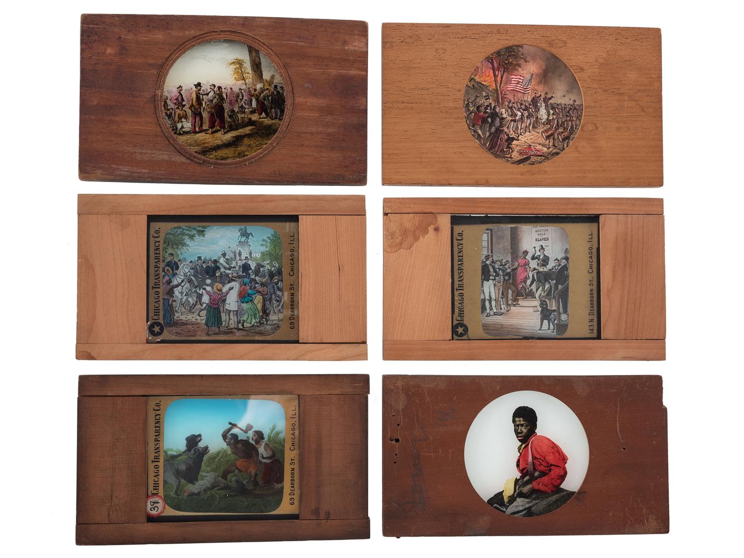 [CIVIL WAR - MAGIC LANTERN SLIDES]. A collection of magic lantern slides depicting enslaved people, Civil War battles, and caricatures, including: