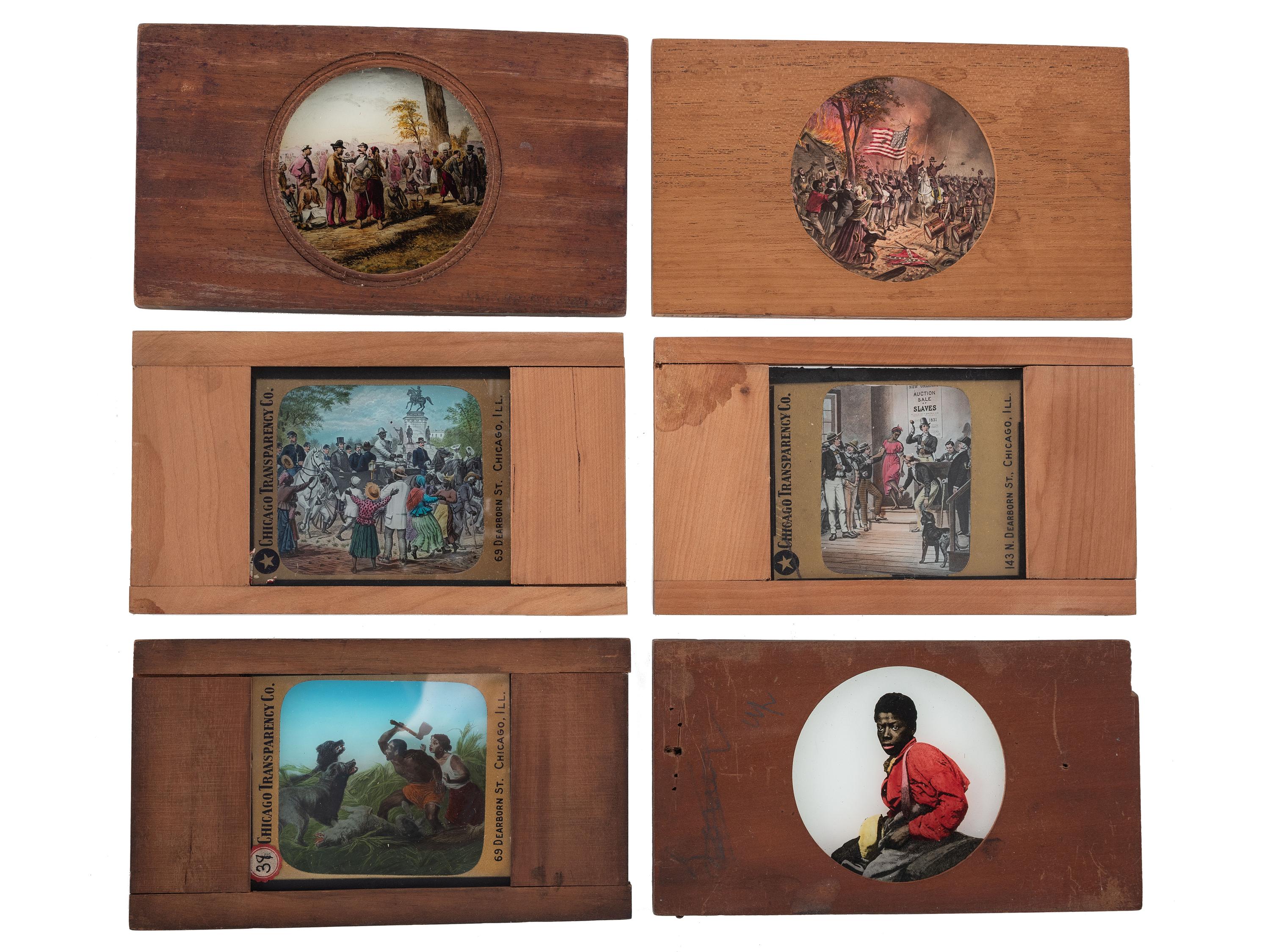 [CIVIL WAR - MAGIC LANTERN SLIDES]. A collection of magic lantern slides depicting enslaved people, Civil War battles, and caricatures, including: