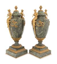 A Pair of French Gilt Bronze Mounted Marble Urns