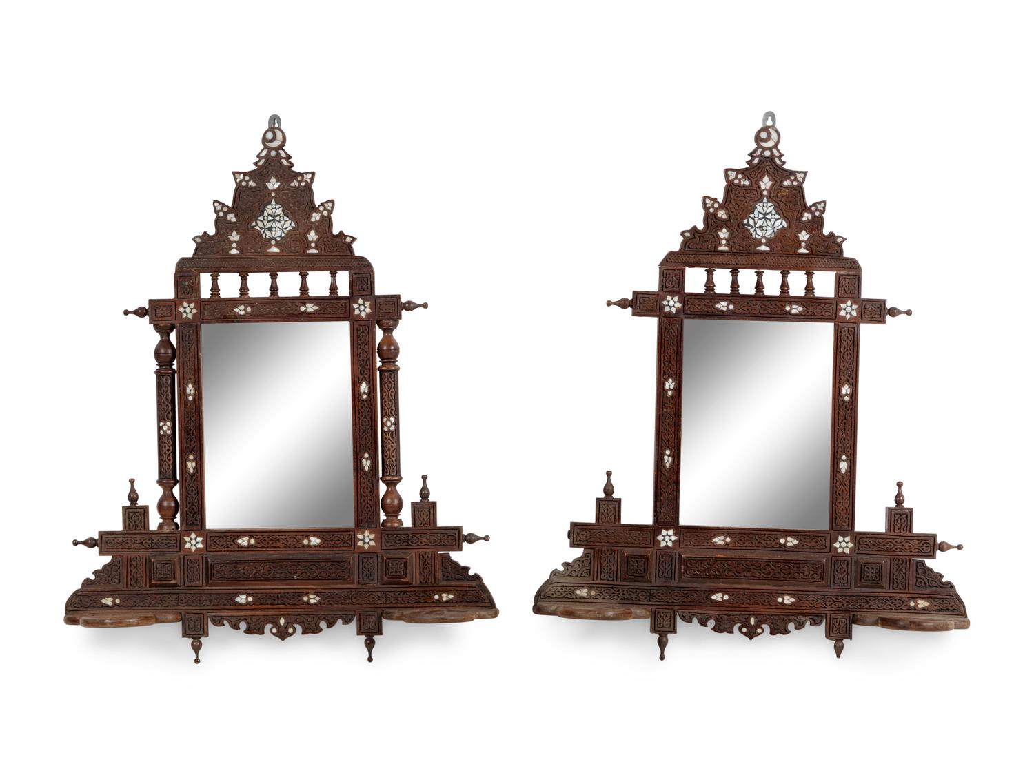 A Pair of Syrian Mother-of-Pearl Inlaid Walnut Lantern Shelves
