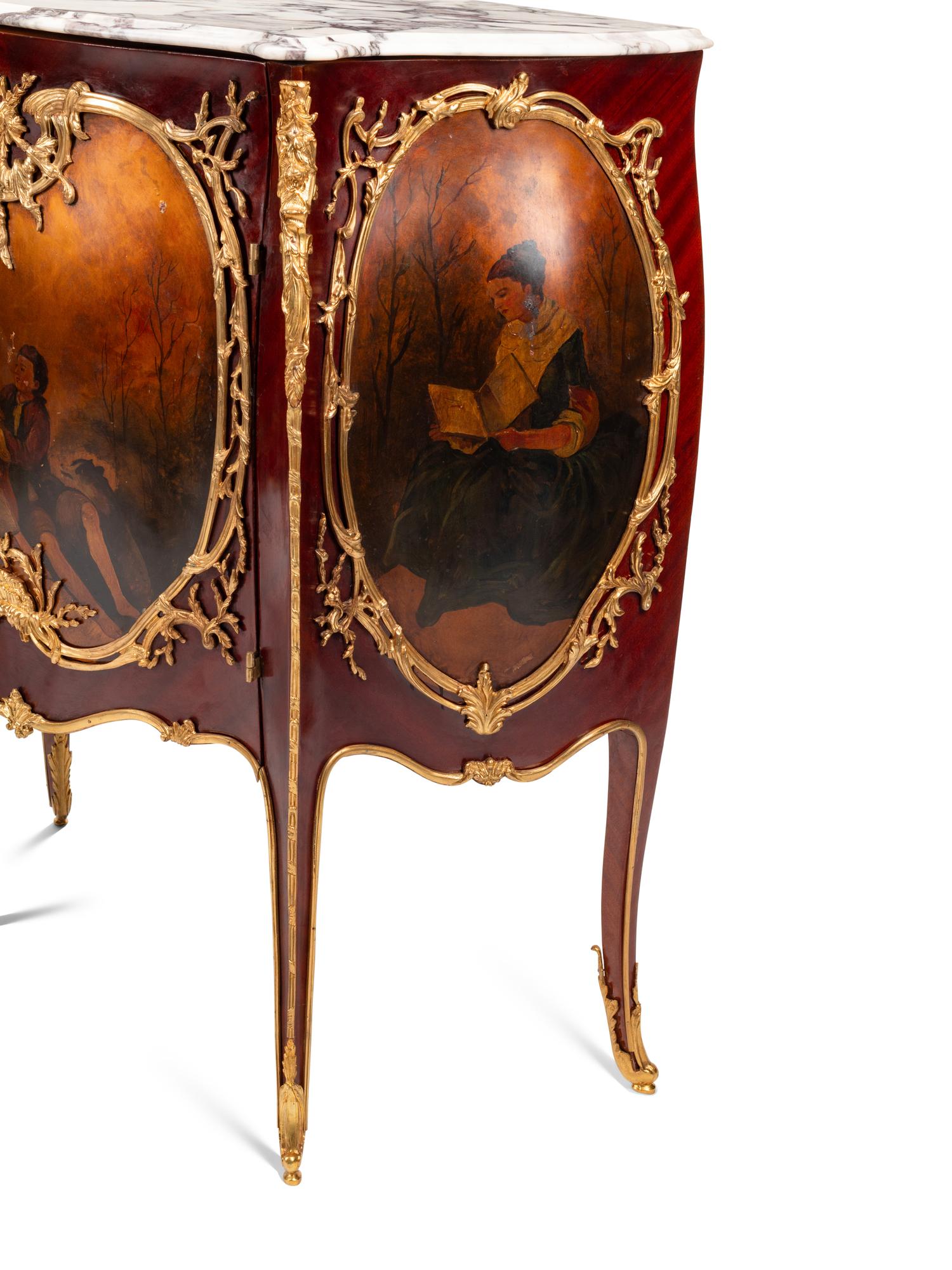 A Pair of Louis XV Style Gilt Bronze Mounted Mahogany and Vernis Martin Marble-Top Cabinets