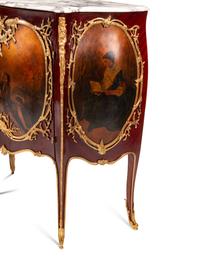 A Pair of Louis XV Style Gilt Bronze Mounted Mahogany and Vernis Martin Marble-Top Cabinets