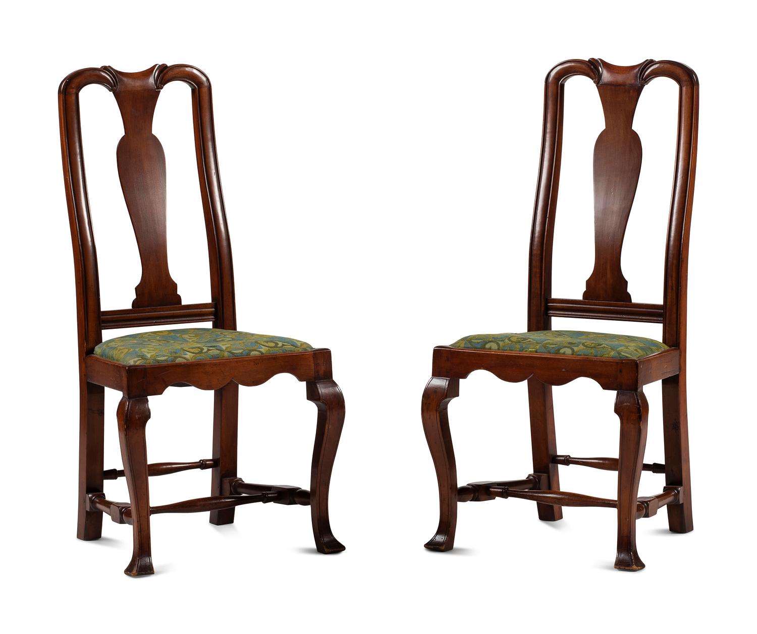 A Pair of William and Mary Style Carved and Stained Maple Side Chairs