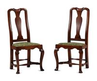 A Pair of William and Mary Style Carved and Stained Maple Side Chairs