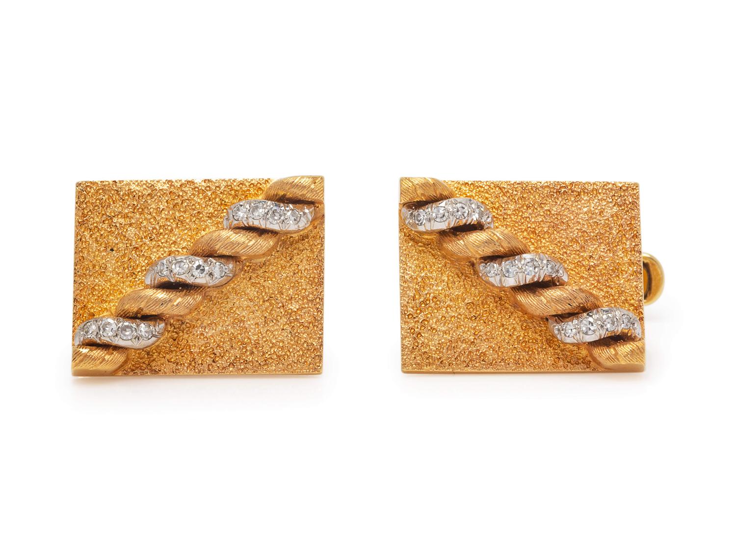 A Pair of 14 Karat Bicolor Gold and Diamond Cufflinks,