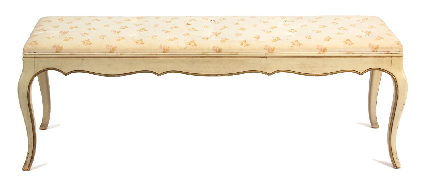 A Louis XV Style Painted Bench with Upholstered Seat Height 17 x length 50 1/4 inches. — 20TH CENTURY