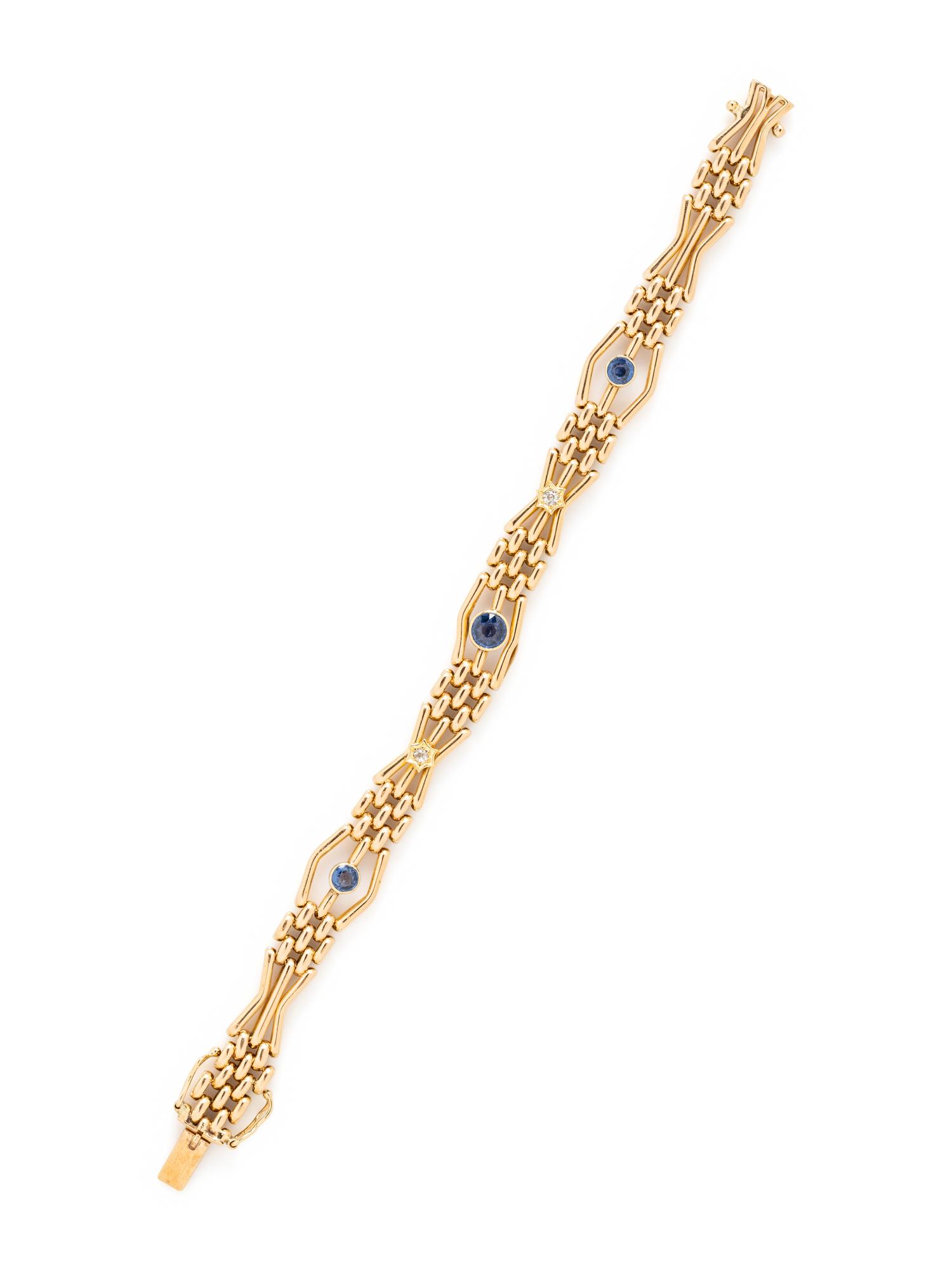 YELLOW GOLD, SYNTHETIC SAPPHIRE, AND DIAMOND BRACELET