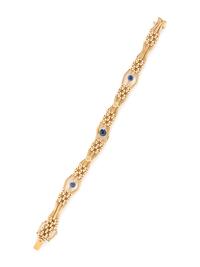 YELLOW GOLD, SYNTHETIC SAPPHIRE, AND DIAMOND BRACELET